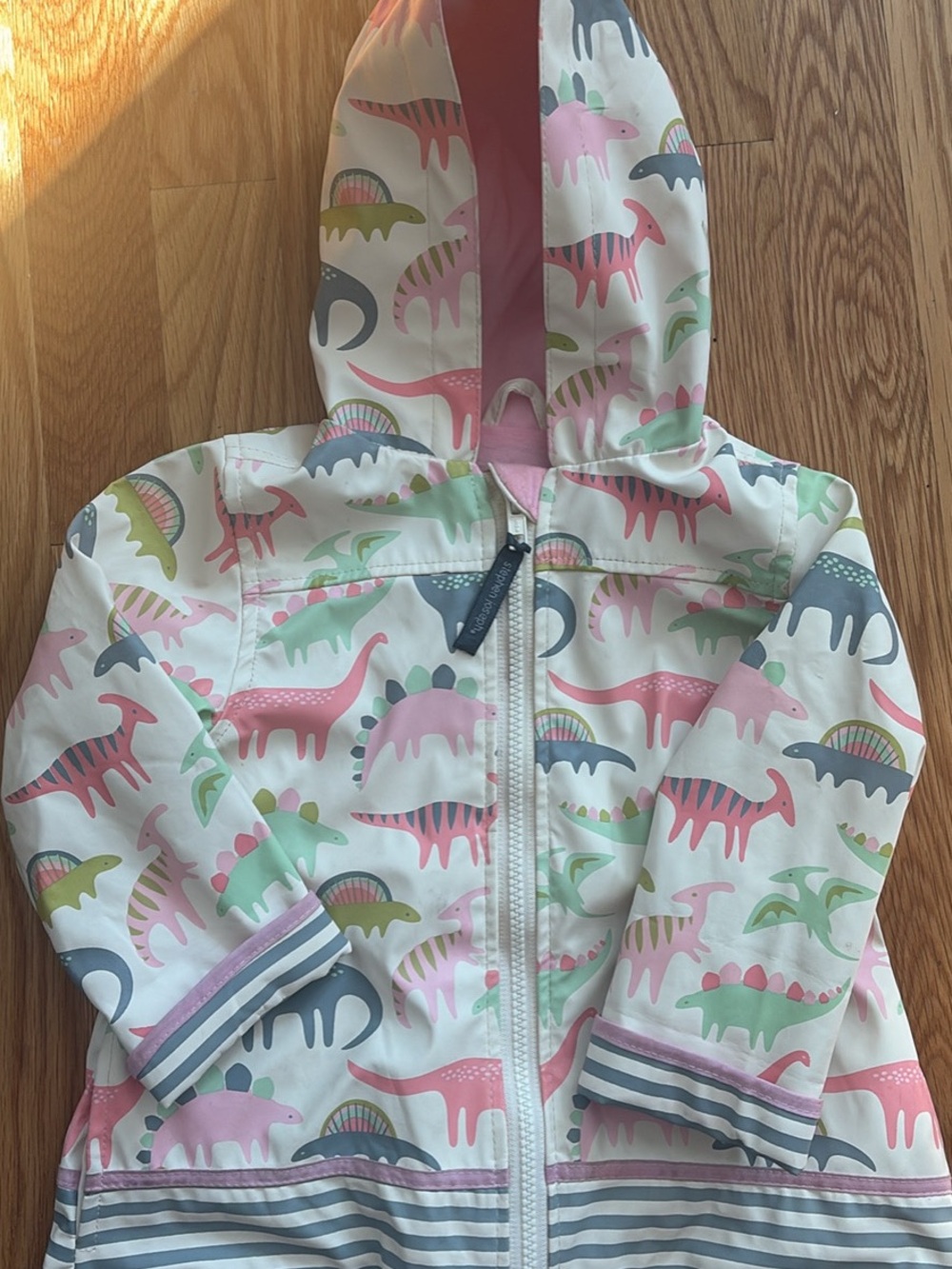 Girls' Dino Print Hooded Rain Jacket - Pink, Mint, Gray, size 2T